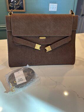 Brand New Chocolate Brown Faux Suede Satchel with Crossbody Strap Gold Hardware